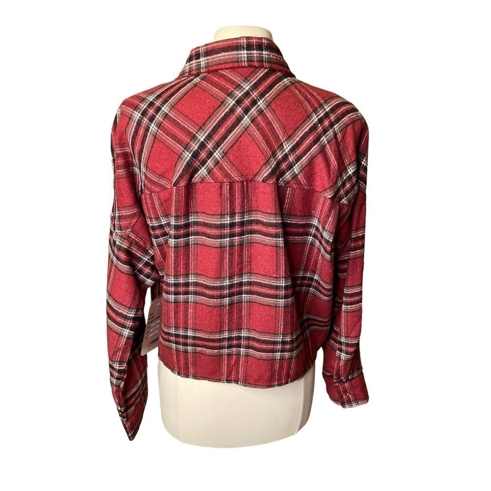 CiSono NEW Cropped Flannel Plaid Shirt Brick Red Women’s XL Grunge Casual - Picture 5 of 9